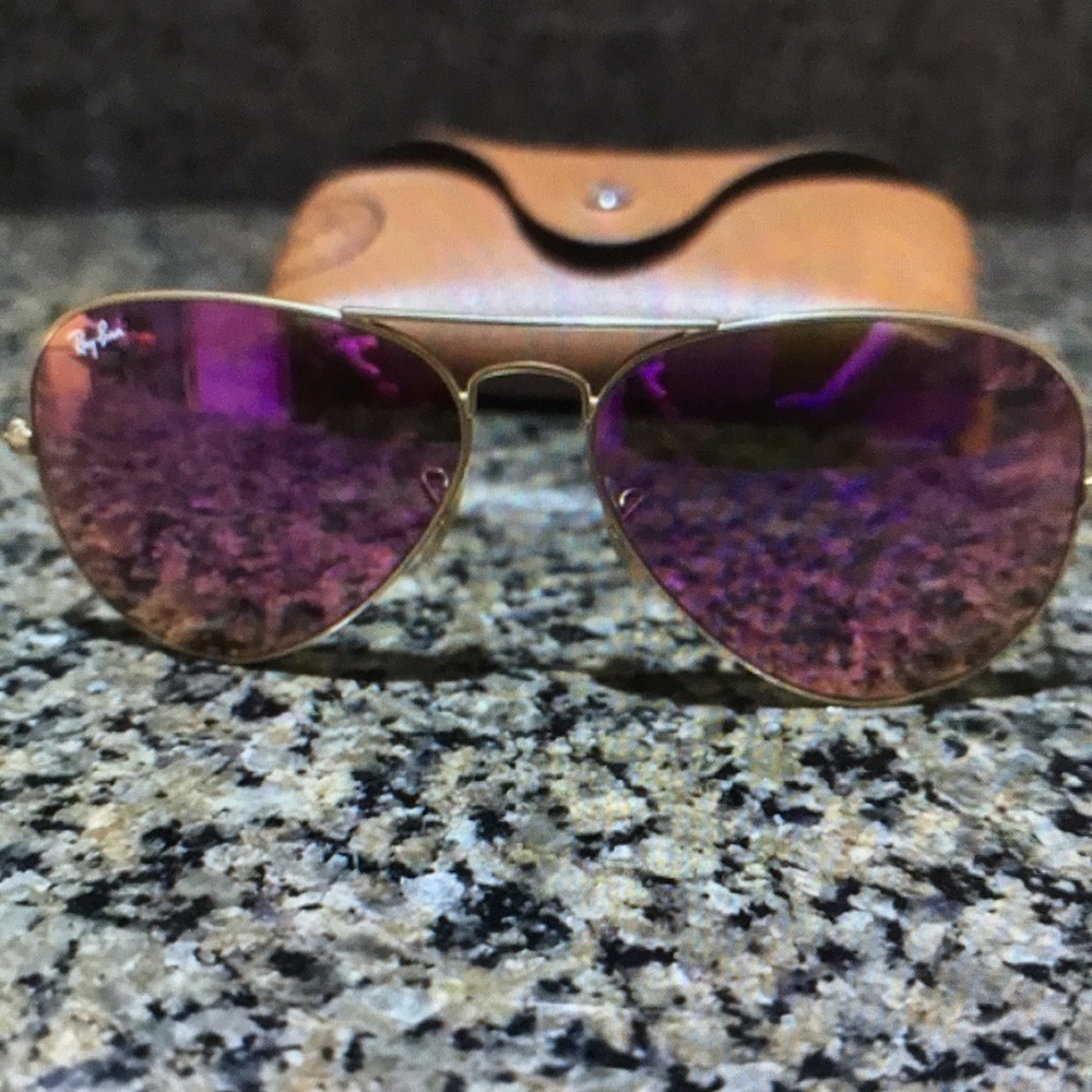 Ray-Ban Gold Aviator Sunglasses with Purple Lenses